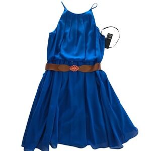 BCX Halter Neck Chiffon Dress Small Womens NWT Belted Pleated Royal Blue